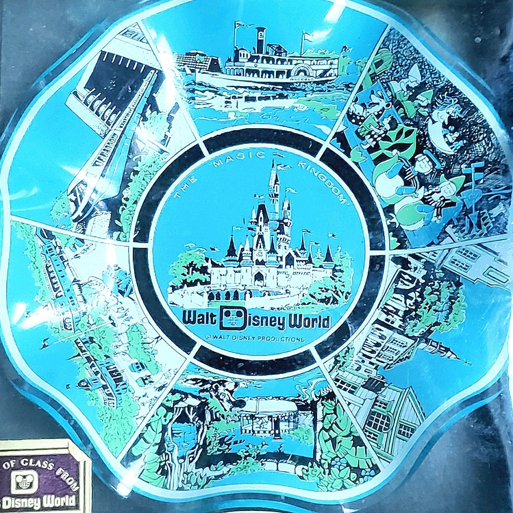Vintage Walt Disney World MAGIC KINGDOM Blue Souvenir Glass  Candy Plate